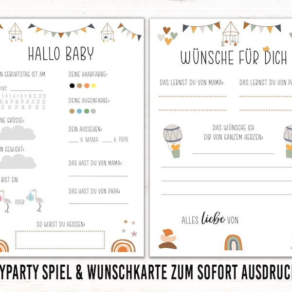 Babyparty Spiel Boho PDF Wünsche Baby Babyshower Regenbogen Karte Tippkarte Ratekarte Wünschekarte Ratespiel digitaler Download Ausfüllkarte