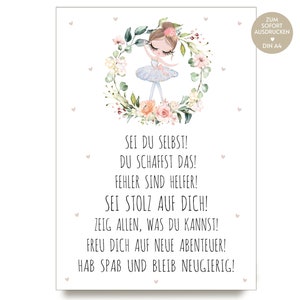 Póster con idea de regalo para la inscripción escolar, regalo para el regreso a la escuela, regalo para niños como descarga DIN A4, decoración de inicio escolar, tarjeta con imagen DIY para niña, primer día de clases