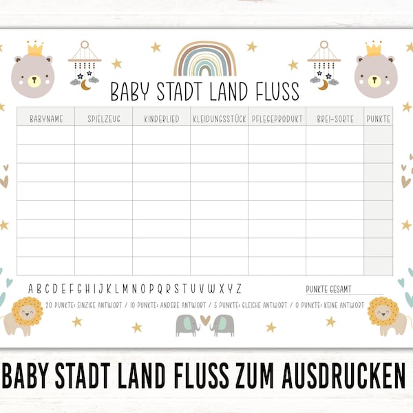 Babyparty Spiele Stadt Land Fluss pdf Boho Baby Shower Party Spiel zum Ausdrucken, deutsch, Babyparty Geschenke Ratespiel Überraschung