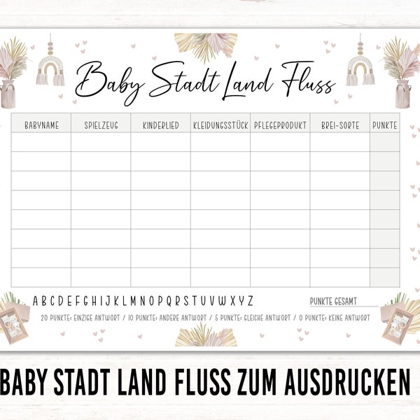 Babyparty Spiele Stadt Land Fluss pdf, Baby Shower Party Spiel deutsch zum Ausdrucken, Baby Land Fluss, Babyparty Boho Ratespiel Geschenke