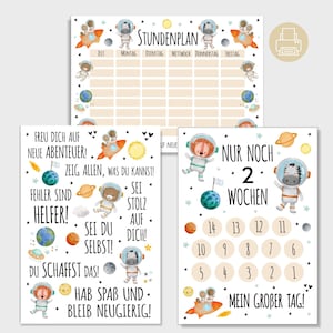 Affiche de inscription scolaire, calendrier et compte à rebours comme coffret cadeau, espace pour la rentrée scolaire à imprimer, rentrée scolaire pour garçons et filles, DIN A4