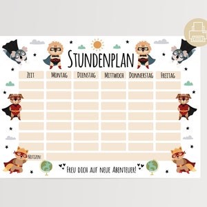 Horaires super-héros pour garçons et filles pour l'inscription scolaire à imprimer, cadeau de rentrée scolaire cartable écolier animaux décoratifs DIN A4