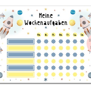 Lista de tareas del plan semanal para niños en el espacio en formato PDF. Ayuda para el aprendizaje, tarjeta de motivación, tablero de recompensas, planificador semanal para niños, planificador diario
