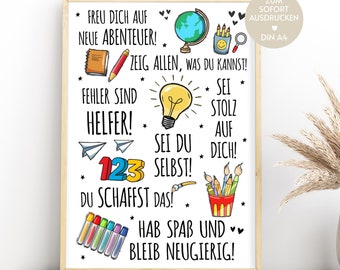 Einschulung Geschenk Schulanfang Poster Bild als Download, Schulstart Junge Mädchen erste Klasse Deko Schulkind, Last Minute Geschenk DIN A4