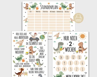 Einschulung Poster, Stundenplan, Countdown Dinosaurier Geschenk Set zum Ausdrucken, Schulanfang Deko Junge Mädchen Schulkind Sprüche