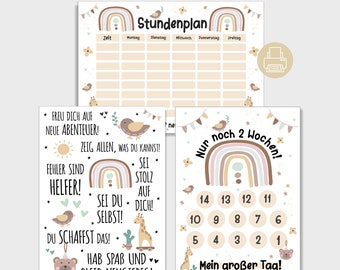 Einschulung Boho Poster, Stundenplan, Countdown Schulanfang Geschenk Set zum Ausdrucken, Pastell Regenbogen Schulstart erster Schultag Deko