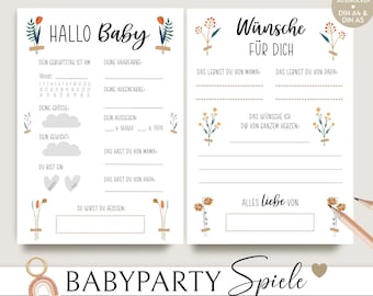 Babyparty Spiele Blumen minimalistisch zum Ausdrucken, Hallo Baby, Wünsche Baby, Babyshower Spiel deutsch, Baby Party Quiz, Baby Ratespiel