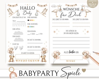Games for the baby shower, baby shower games to print, hello baby, wishes for baby, baby shower game, German, Boho, stork