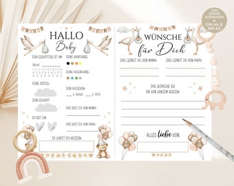 Geschenk für die Babyparty, Spiele für die Babyparty zum Ausdrucken, Ratespiel, Wünsche, Quiz, Geschenkidee, Babyshower Spiel, Boho, Storch