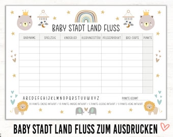 Babyparty Spiele Stadt Land Fluss pdf Boho Baby Shower Party Spiel zum Ausdrucken, deutsch, Babyparty Geschenke Ratespiel Überraschung