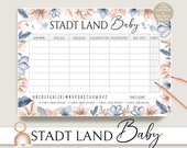 Stadt Land Baby Babyparty Spiel zum Ausdrucken, Babyshower Spiele deutsch, Blumen, Ratespiel, Quiz, rosa, blau, Baby Party Spiel PDF, DIY