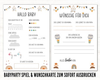 Babyparty Spiel Boho PDF Wünsche Baby Babyshower Regenbogen Karte Tippkarte Ratekarte Wünschekarte Ratespiel digitaler Download Ausfüllkarte