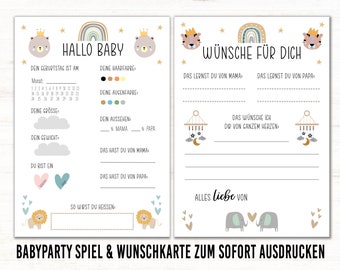 Babyparty Spiel Wünsche für das Baby pdf Boho Tiere Babyshower Ratespiel Wunschkarte Tippkarte Set Ausfüllkarte