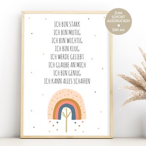 Afirmaciones de regalo para niños, tarjetas de afirmaciones para niños como descarga DIN A4, póster de afirmaciones arcoíris para habitación infantil, decoración de bautismo DIY