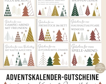 May include: Nine printable Christmas gift vouchers with a winter forest theme. Each voucher features a different activity, such as pizza baking, a gaming night, or a breakfast in bed. The vouchers are decorated with stylized trees in shades of green, brown, and gold.