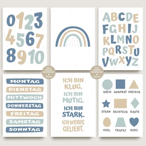 Lernposter Set Boho ABC Zahlen Affirmationen für Kinder, Poster Montessori Deutsch Mathe Alphabet Kinderzimmer Deko blau Regenbogen als pdf