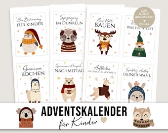 Adventskalender für Kinder, Tiere Boho, Gutscheine Download, DIY, Weihnachtskalender, Geschenke Kinder, Adventskalender Ideen basteln