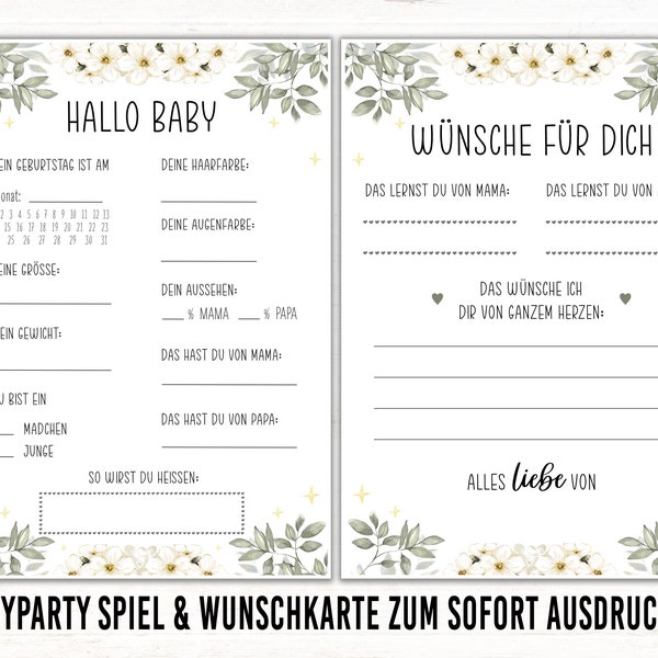 Baby Shower Games | Baby shower german | guessing game | Baby Shower Game Printable Minimalist | tip card | wish card baby | gift box