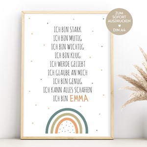 Cartel de afirmación para niños, cartel infantil de afirmación de arco iris boho personalizable para imprimir, idea de regalo, cumpleaños, bautismo, escuela