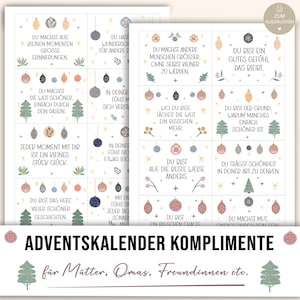 Può includere: Due fogli stampabili con testo in tedesco, con complimenti per un calendario dell'Avvento. Il design include ornamenti decorativi, alberi di Natale ed elementi floreali in morbidi colori pastello. Il testo è scritto a mano.