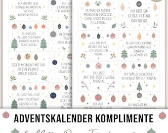 May include: Two printable sheets with German text, featuring compliments for an Advent calendar. The design includes decorative ornaments, Christmas trees, and floral elements in soft pastel colours. The text is in a handwritten style.