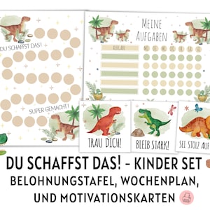 Set di piano settimanale, pannello di ricompensa, carte di motivazione dei dinosauri da stampare per i bambini, sistema di ricompensa, agenda settimanale, affermazione del bambino