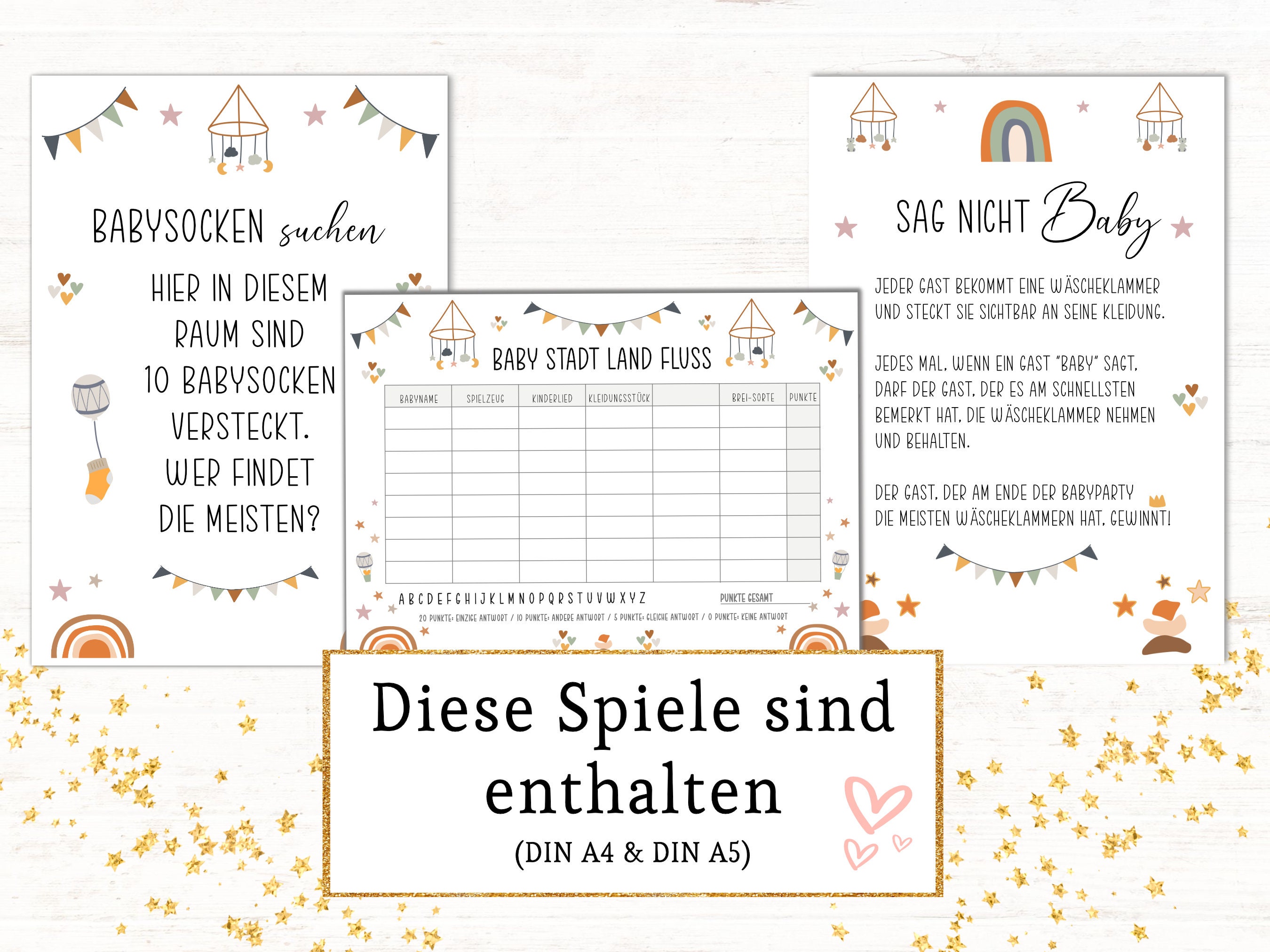 Babyparty Spiele Set Boho, Baby Shower Party Spiele deutsch zum