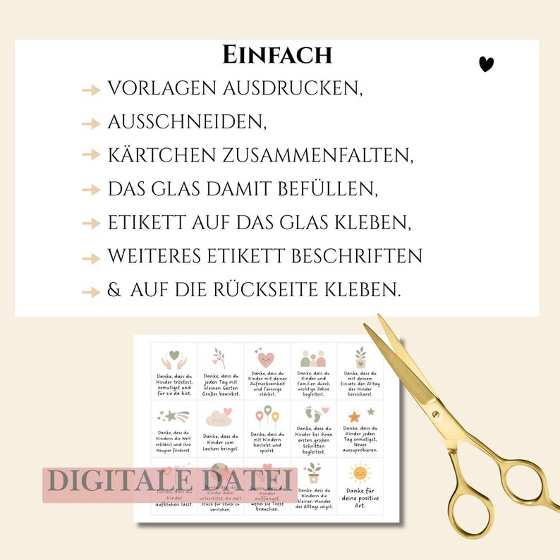 Einfaches Bastelset zum Ausdrucken – Dankeskarten ausschneiden, falten und als Geschenk für Erzieherinnen gestalten