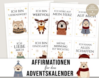 Afirmaciones para el calendario de Adviento para que los niños impriman, tarjetas de afirmaciones, haz tu propio calendario de Adviento, bricolaje, boho, animales