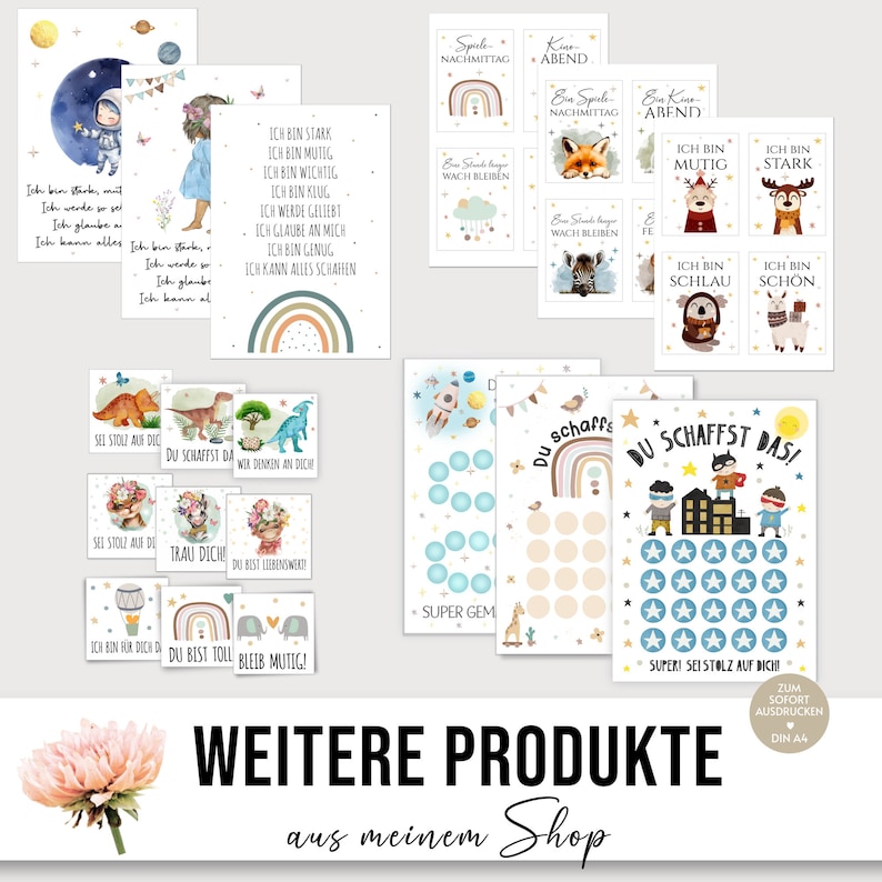 May include: A collection of printable cards and reward charts featuring colourful illustrations of animals, space themes, rainbows, and motivational German text. The designs include affirmations, activity trackers, and star-shaped progress markers.