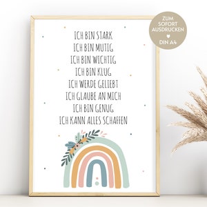 Regalo de afirmaciones para niños, descarga de cartel de afirmación, decoración de habitación infantil arcoíris DIY, regalo de bautismo de ahijado, tarjetas de afirmación A4