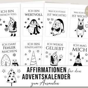 Affirmaties voor de adventskalender DIY om in te kleuren, Adventskalender kinderen, mindfulness affirmatiekaarten idee inhoudskalender, download