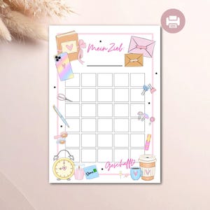 May include: A planner sheet with a pink border, featuring the text "Mein Ziel" and "Geschafft". The sheet includes illustrations of a book, envelope, scissors, pen, alarm clock, coffee cup, and other stationery items. The planner has a grid for tracking goals.