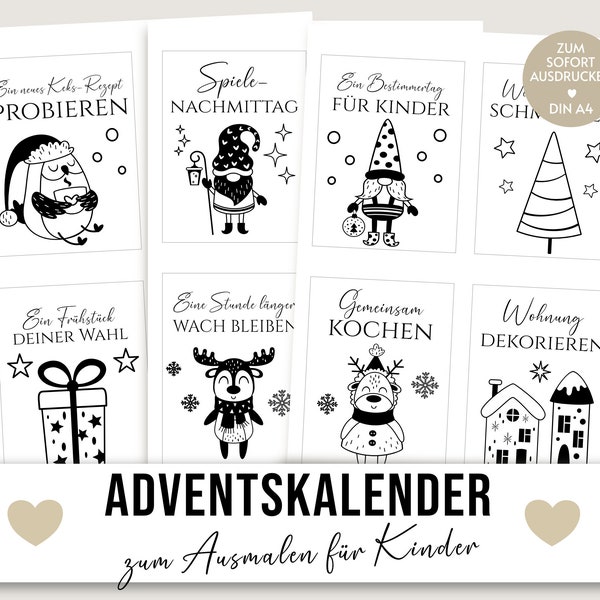 Advent calendar for children, DIY gifts, Advent calendar ideas for crafts, vouchers for coloring, Christmas calendar, download, child