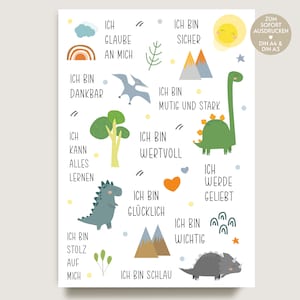 Afirmaciones Póster infantil de afirmaciones Dino Decoración habitación infantil Creencias positivas Aliento en PDF DIN A4 DIN A5 Cuadro de pared Sala de juegos