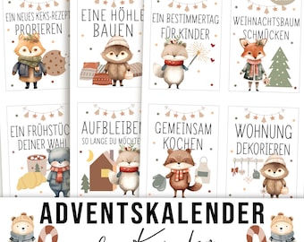 Rellenos para calendarios de Adviento infantiles, vales de actividades imprimibles y pequeños certificados de regalo, contenido para calendarios de Adviento DIY.