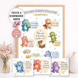 Könnte beinhalten: Ein gerahmtes Poster- und Kartenset mit farbenfrohen Cartoon-Monstern und motivierenden Sätzen auf Deutsch. Das Poster hat einen Holzrahmen, und die Karten zeigen verschiedene Monster-Illustrationen mit positiven Affirmationen. Das Set ist für Kinder konzipiert.