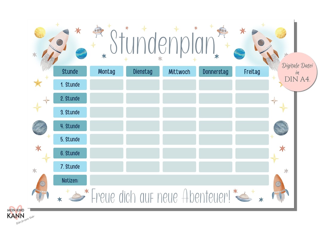 Stundenplan Weltall zum Ausdrucken. Stundenplan für Jungen und Mädchen