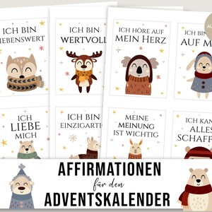 Adventskalender kinderaffirmaties dieren boho, affirmatiekaarten om af te drukken, DIY adventskalender knutselideeën, maak je eigen kalender