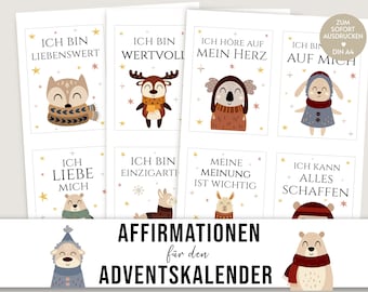 Adventskalender Kinder Affirmationen Tiere Boho, Affirmationskarten zum Ausdrucken, DIY Adventkalender basteln Ideen, Kalender selber machen