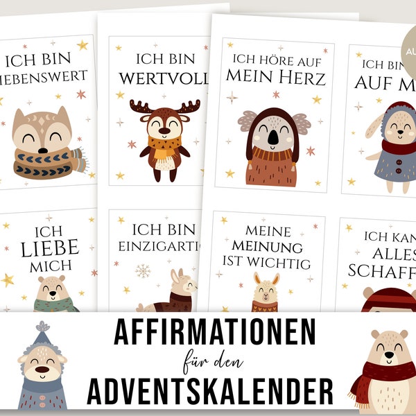 Adventskalender Kinder Affirmationen Tiere Boho, Affirmationskarten zum Ausdrucken, DIY Adventkalender basteln Ideen, Kalender selber machen