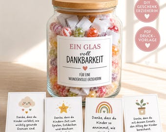 Erzieherin Geschenk Ein Glas voll Dankbarkeit | DIY Geschenk | Danke Karten Erzieherinnen Abschiedsgeschenk | PDF Vorlage Boho Kita-Abschied