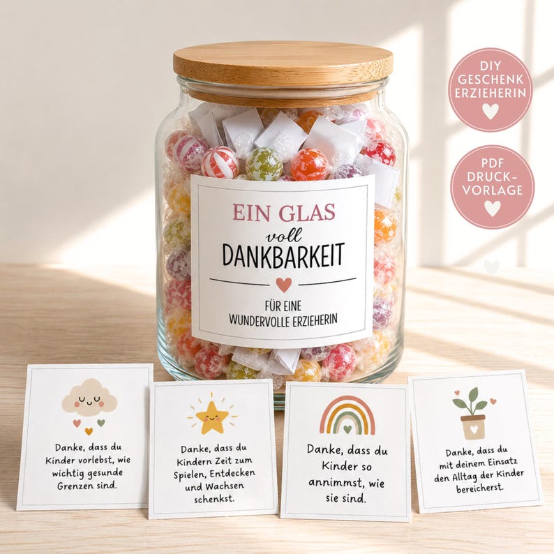 DIY Geschenk für Erzieherinnen zum Abschied – Ein Glas Dankbarkeit mit liebevollen Dankeskarten zum Ausdrucken als Kindergarten Abschiedsgeschenk