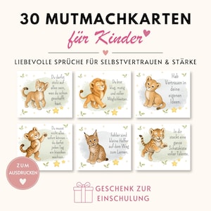 Op de afbeelding: Een set van 30 bemoedigingskaarten voor kinderen, met illustraties van dieren en inspirerende citaten. De kaarten zijn ontworpen om zelfvertrouwen en kracht te bevorderen, met zachte kleuren en decoratieve elementen.