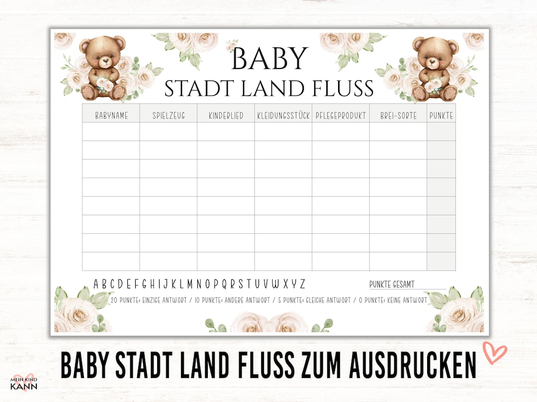 Babyparty Spiel - Das Baby Stadt-Land-Fluss | Regenbogen Blau