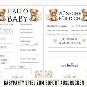 Babyshowerspellen pdf babyshower Duits feestspel raadspel tipkaart babyfeestspel minimalistische bloemen teddy download om af te drukken