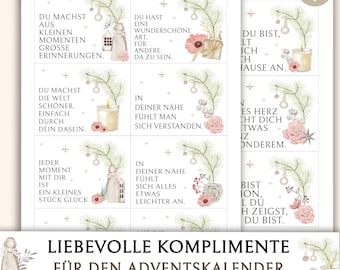 Puede incluir: Un conjunto de tarjetas imprimibles para el calendario de Adviento con ilustraciones de acuarela de velas, flores y elementos decorativos. Cada tarjeta presenta un mensaje positivo en alemán. Las tarjetas están diseñadas para madres, abuelas y amigas.