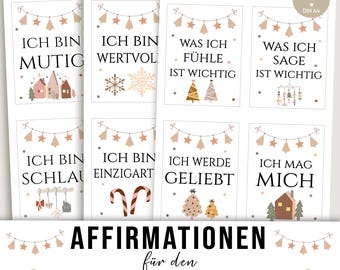 May include: A collection of eight affirmation cards in German, each with a different positive message and festive illustrations. The cards feature garlands, stars, and seasonal imagery, designed for an advent calendar.