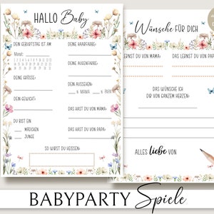 Juegos de baby shower en alemán, juego de baby shower Hello Baby, descarga de tarjetas de deseos, regalo de fiesta de bebé, flores, niño, niña, idea de regalo de bricolaje