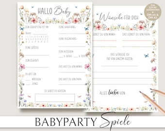 Baby shower games German, baby shower game Hello Baby wish card download, baby party gift, flowers, boy, girl, DIY gift idea
